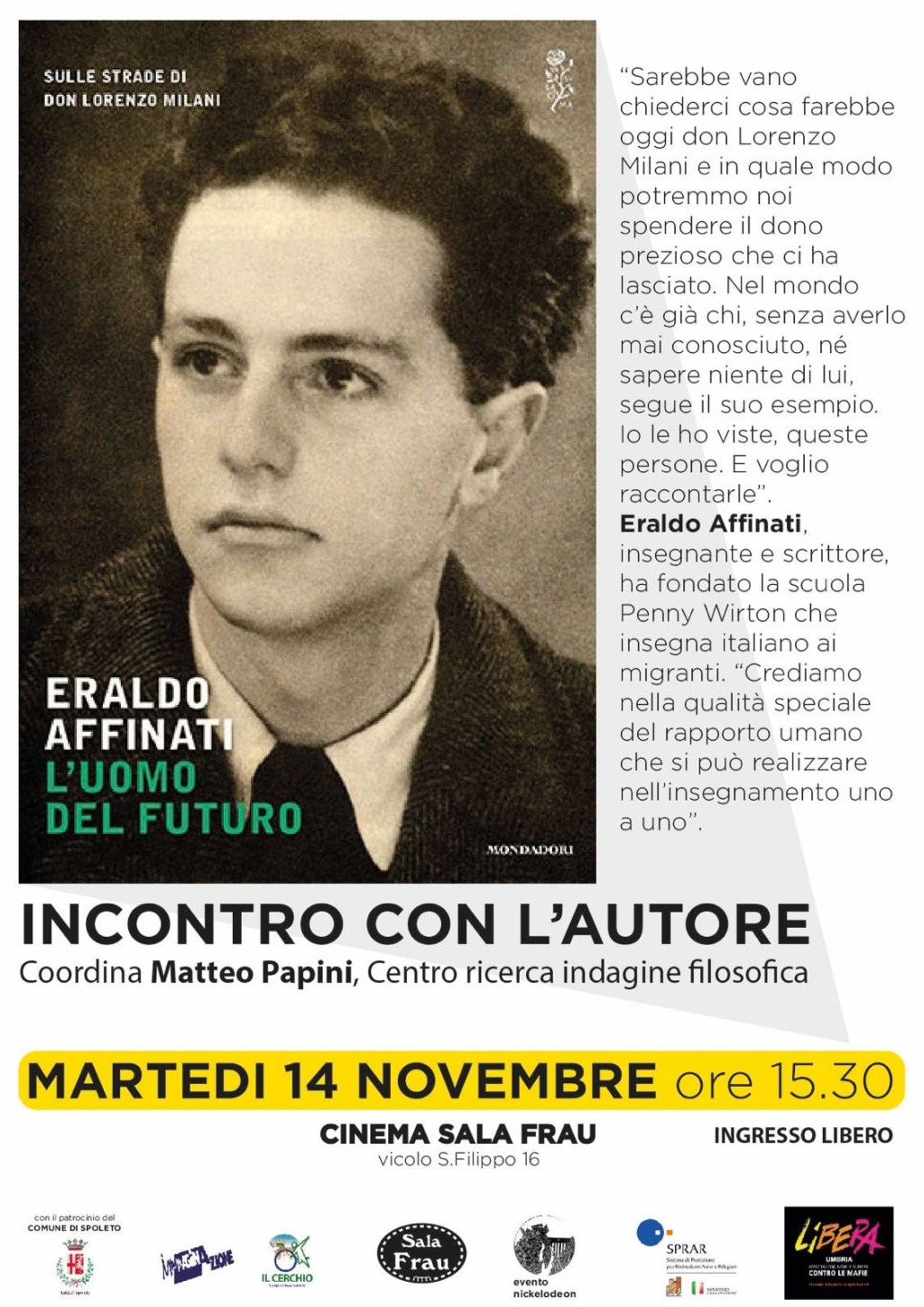 Spoleto, incontro con lo scrittore Eraldo Affinati sul pensiero di Don Milani