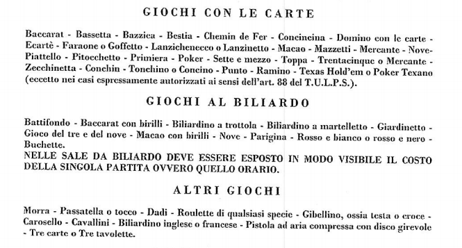 Todi, nuova tabella dei giochi proibiti