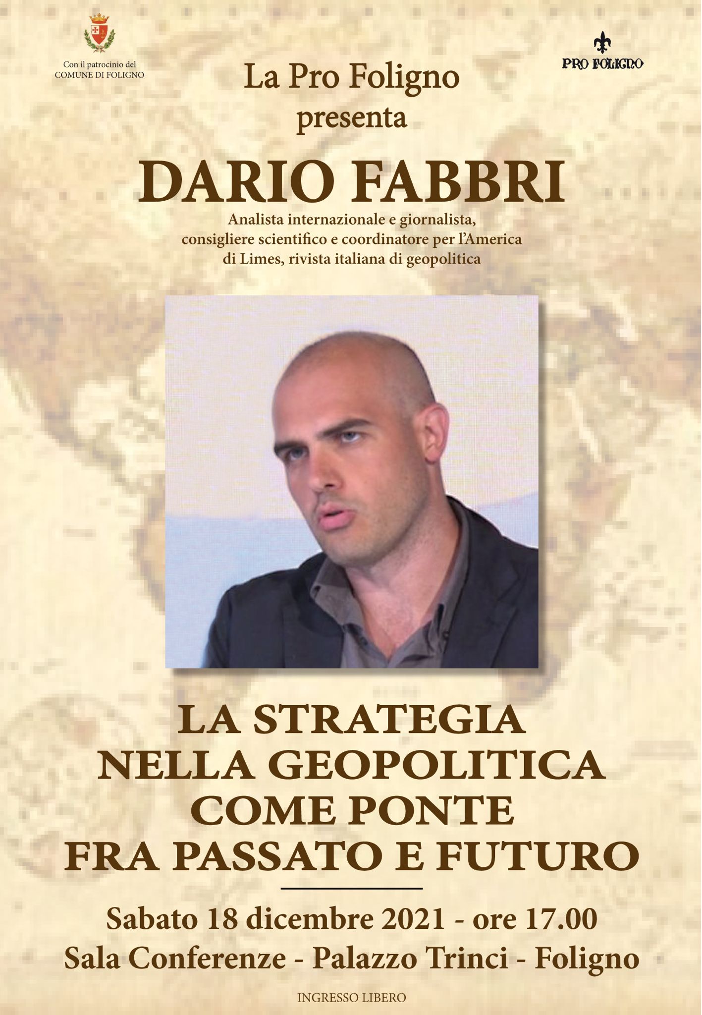 Pro Foligno, con Dario Fabbri conferenza di geopolitica a Palazzo Trinci