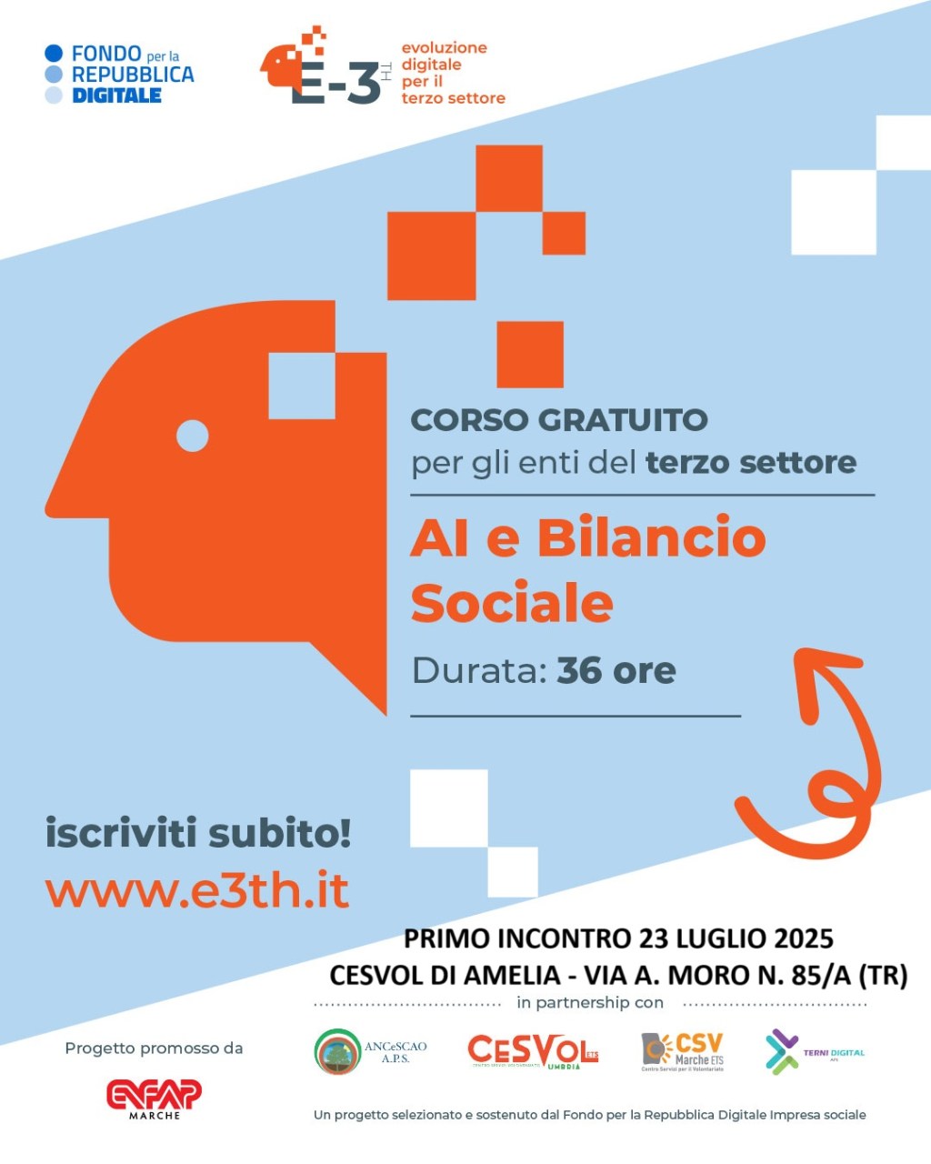 Progetto E-3TH, la svolta digitale per gli enti del terzo settore: Ad Amelia il corso sull’intelligenza artificiale